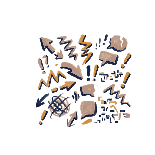 Pictogram of scattered conflicting marks, representing online misinformation.